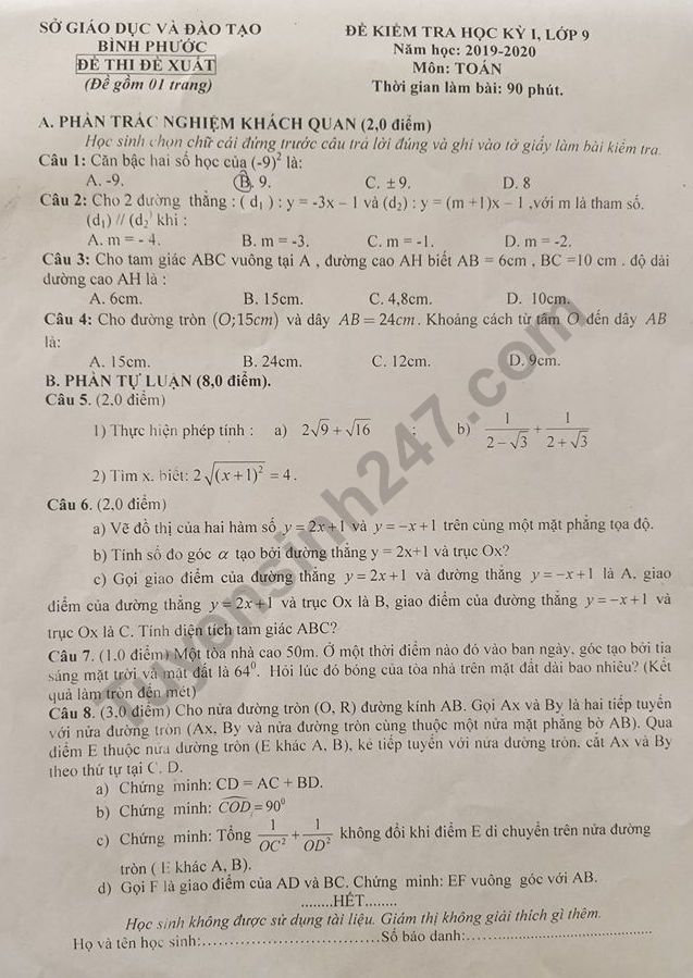 Đề thi kì 1 môn Toán lớp 9 - Sở GD Bình Phước 2019 (Đề xuất)