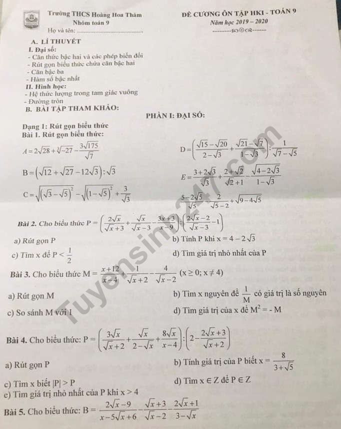 Đề cương ôn tập lớp 9 môn Toán kì 1 năm 2019 - THCS Hoàng Hoa Thám