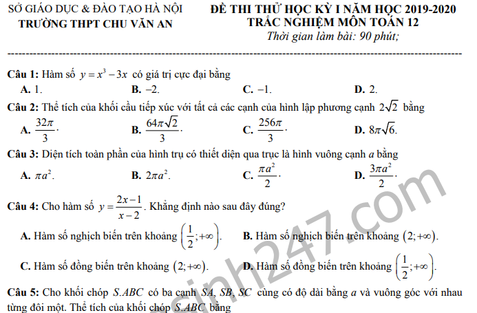 Đề thi thử kì 1 lớp 12 môn Toán 2019 - THPT Chu Văn An