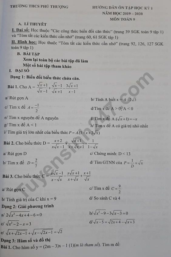 Đề cương kì 1 môn Toán lớp 9 năm 2019 THCS Phú Thượng 