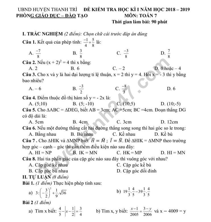 Đề thi cuối kì 1 lớp 7 môn Toán THCS Thanh Trì năm 2019