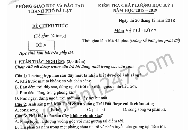 Đề thi kì 1 lớp 7 môn Lý năm 2019 - TP Đà Lạt