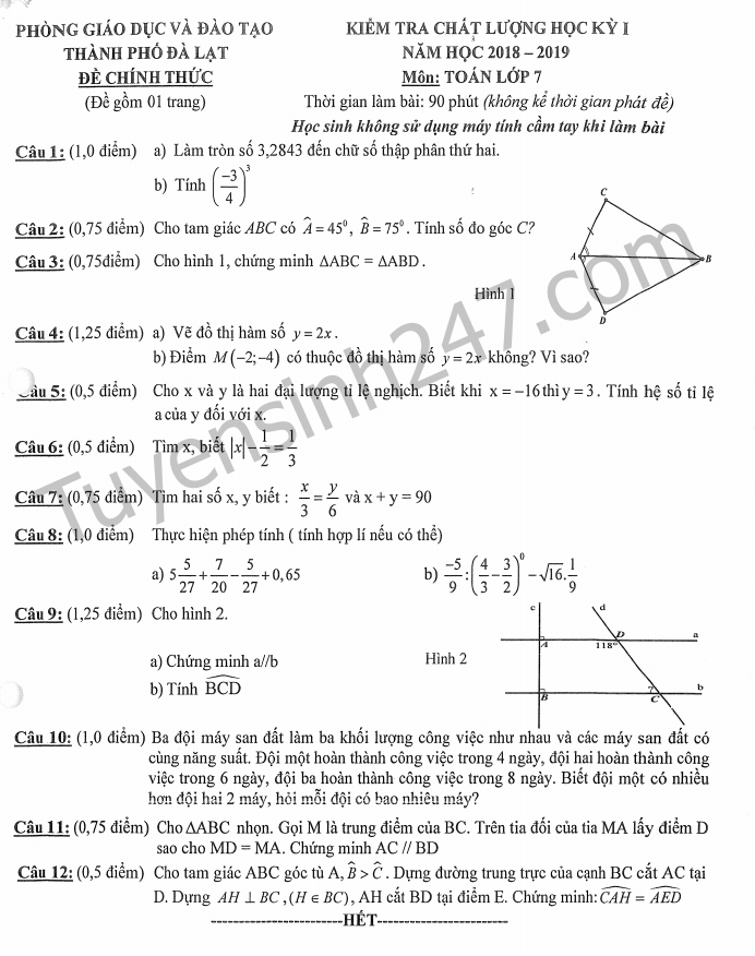 Đề thi kì 1 môn Toán lớp 7 - TP Đà Lạt 2019