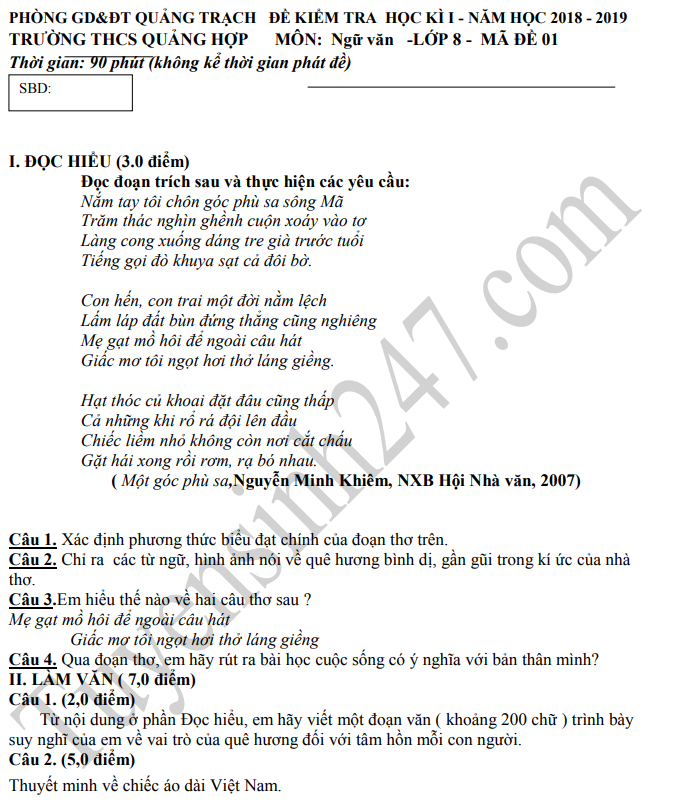 Đề thi kì 1 môn Văn lớp 8 -  THCS Quảng Hợp 2019