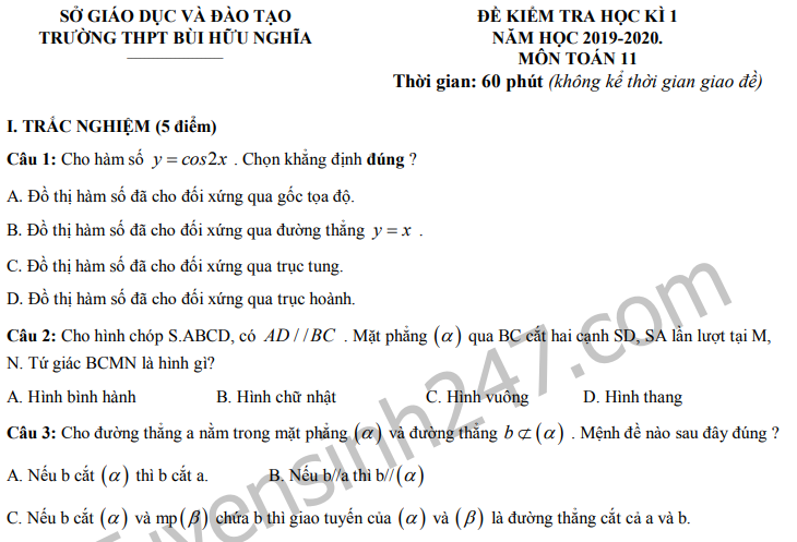 Đề thi kì 1 môn Toán lớp 11 năm 2019 - 2020 THPT Bùi Hữu Nghĩa