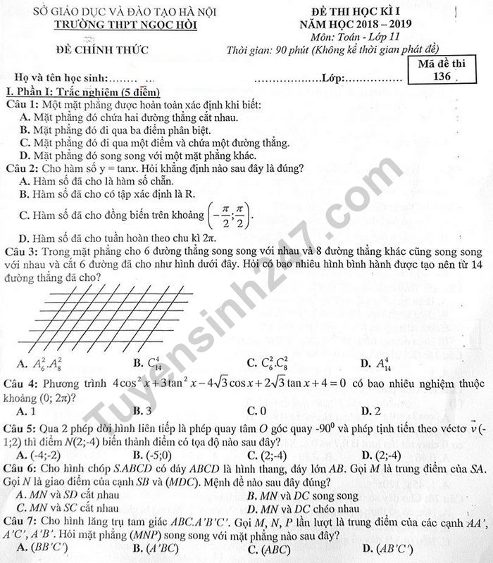 Đề thi kì 1 lớp 11 môn Toán 2019 - THPT Ngọc Hồi