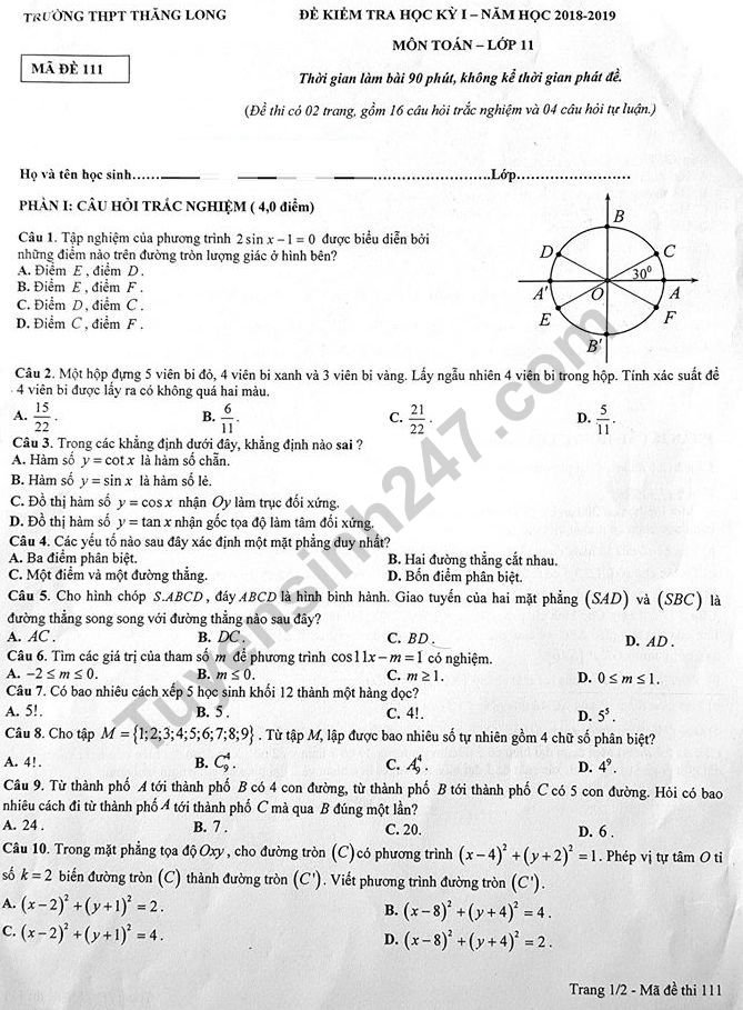 Đề thi kì 1 lớp 11 môn Toán 2019 - THPT Thăng Long