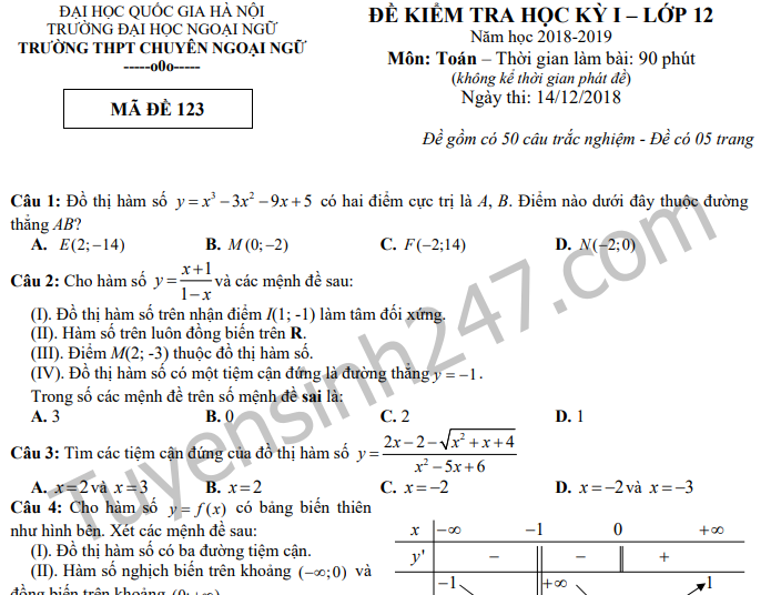 Đề thi kì 1 môn Toán lớp 12 - Chuyên Ngoại ngữ 2019