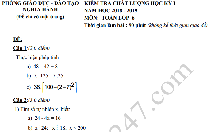 Đề thi kì 1 môn Toán lớp 6 - Phòng GD Nghĩa Hành 2019