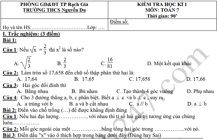 Đề thi kì 1 lớp 7 môn Toán THCS Nguyễn Du 2019