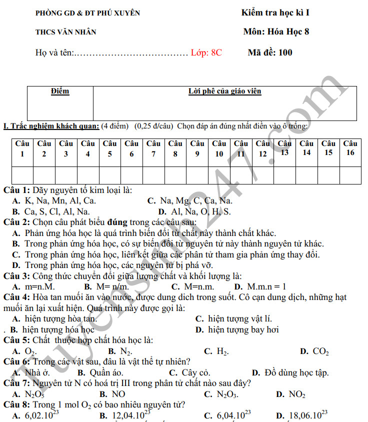 Đề thi học kì 1 lớp 8 môn Hóa Trường THCS Văn Nhân năm 2019