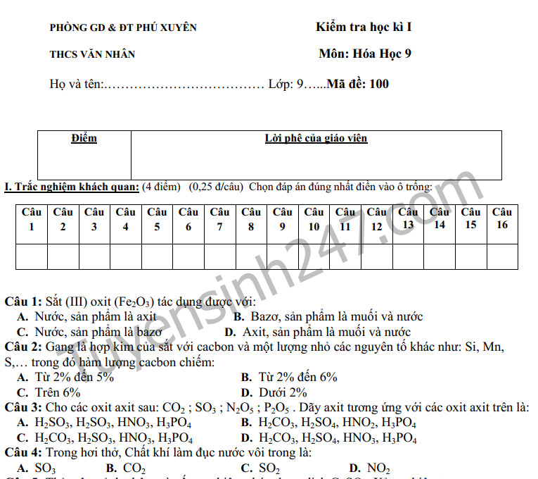 Đề thi cuối kì 1 lớp 9  môn Hóa THCS Văn Nhân năm 2019 có đáp án