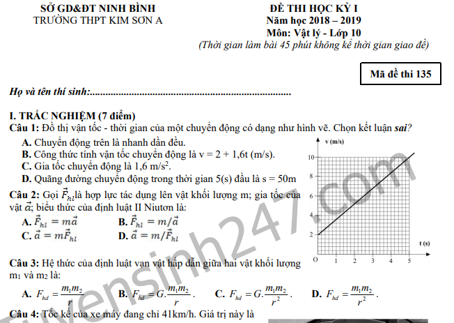 Đề thi kì 1 môn Lý lớp 10 THPT Kim Sơn A 2019