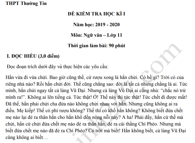 Đề thi kì 1 môn Văn lớp 11 THPT Thường Tín 2019 - 2020 