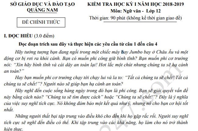 Đề thi kì 1 môn Văn lớp 12 Sở GD Quảng Nam 2019