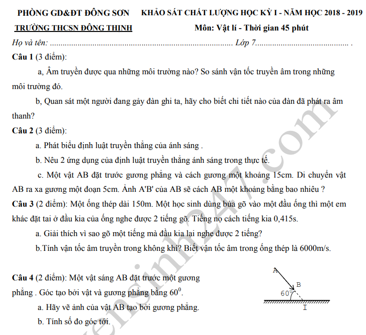 Đề thi kì 1 lớp 7 môn Lý 2019 - THCS Đông Thịnh