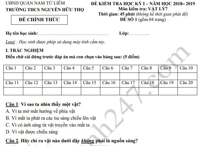 Đề thi kì 1 môn Lý lớp 7 năm 2019 - THCS Nguyễn Hữu Thọ