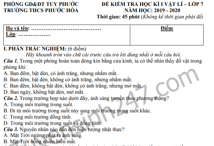 Đề thi kì 1 lớp 7 môn Lý THCS Phước Hòa 2019 - 2020