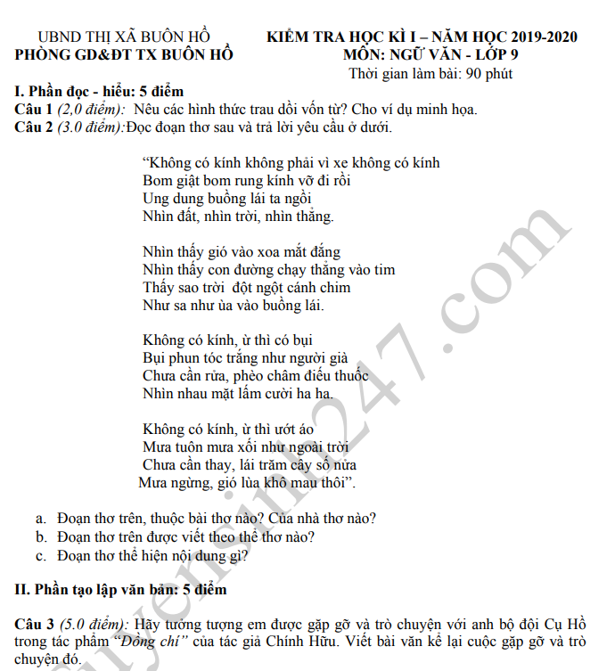 Đề thi kì 1 lớp 9 môn Văn TX Buôn Hồ 2019 - 2020