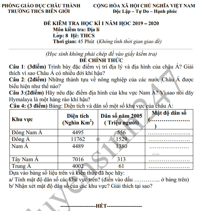 Đề thi học kì 1 môn Địa lớp 8 năm 2019-2020 THCS Biên Giới