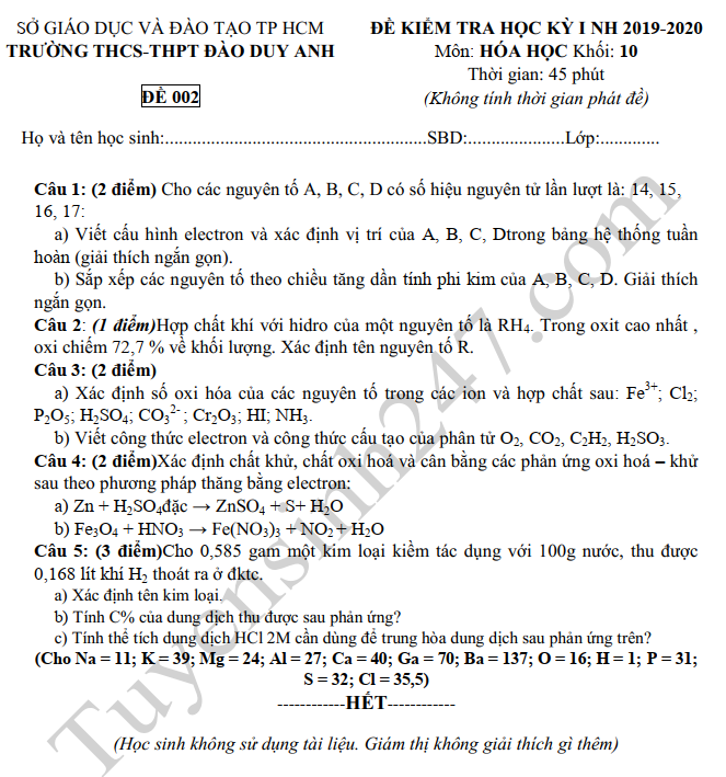 Đề thi kì 1 lớp 10 môn Hóa THPT Đào Duy Anh 2019 - 2020