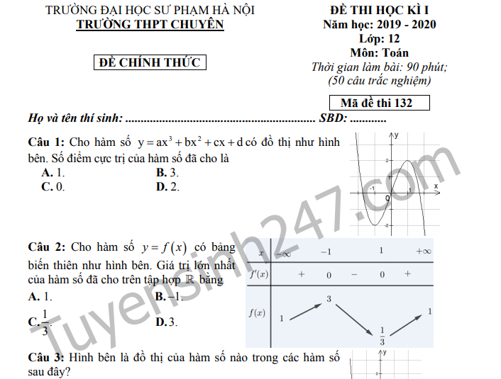 Đề thi kì 1 lớp 12 môn Toán 2019 - 2020 THPT Chuyên Sư phạm Hà Nội