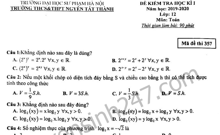 Đề thi kì 1 môn Toán lớp 12 THPT Nguyễn Tất Thành 2019 - 2020