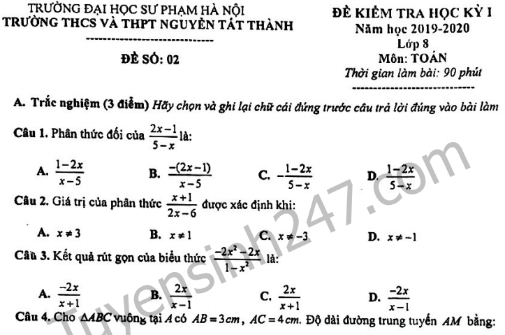 Đề thi kì 1 môn Toán lớp 8 THCS THPT Nguyễn Tất Thành 2019