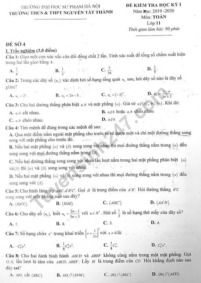 Đề thi kì 1 môn Toán lớp 11 năm 2019 - 2020 THPT Nguyễn Tất Thành 