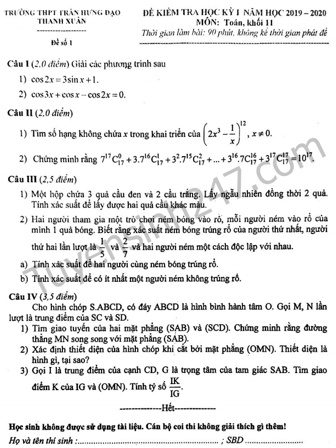 Đề thi kì 1 lớp 11 môn Toán THPT Trần Hưng Đạo 2019 - 2020