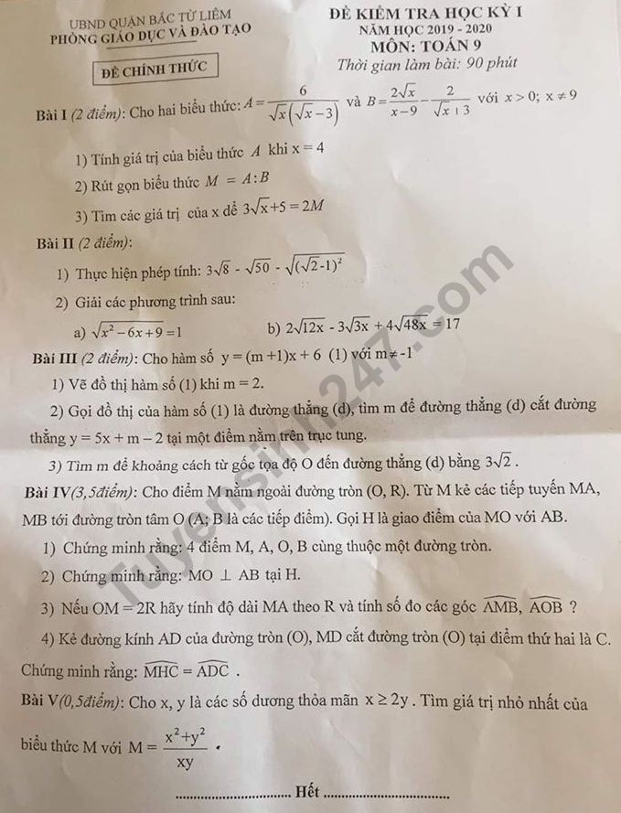 Đề thi kì 1 lớp 9 môn Toán 2019 - 2020 Quận Bắc Từ Liêm