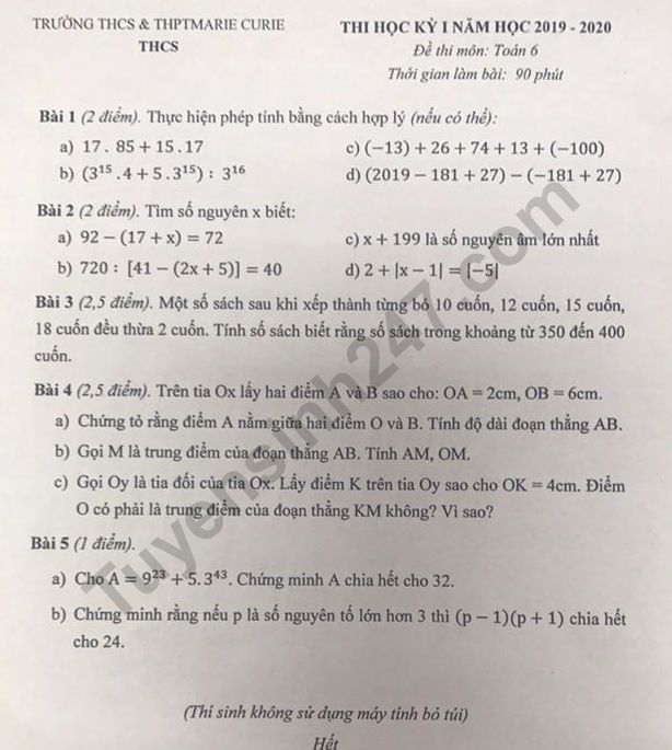 Đề thi kì 1 lớp 6 môn Toán 2019 - 2020 THCS Marie Curie