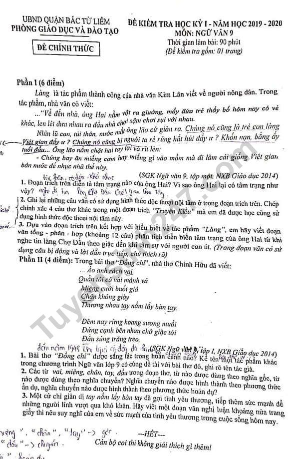 Đề thi kì 1 lớp 9 môn Văn 2019 - 2020 Quận Bắc Từ Liêm
