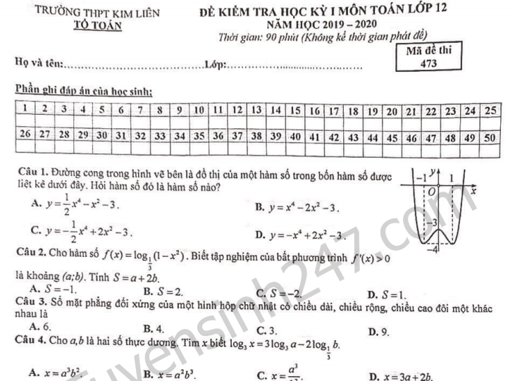 Đề thi kì 1 môn Toán lớp 12 năm 2019 - 2020 THPT Kim Liên