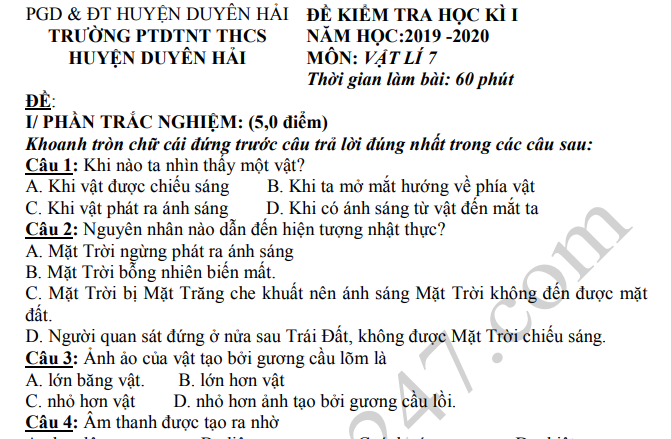 Đề thi kì 1 lớp 7 môn Lý 2019 - 2020 THCS huyện Duyên Hải