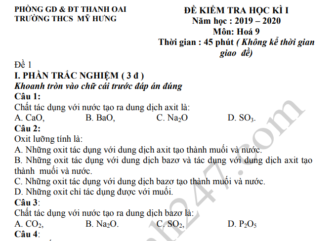 Đề kiểm tra kì 1 môn Hóa lớp 9 THCS Mỹ Hưng 2019 - 2020