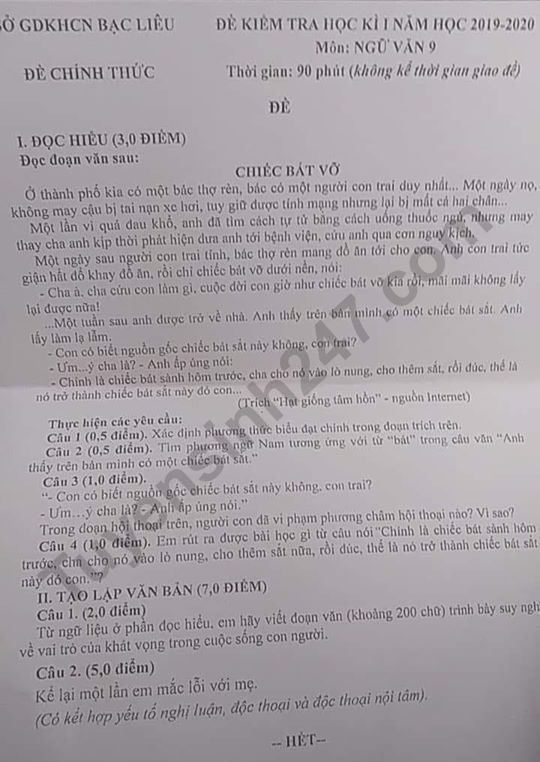 Đề thi kì 1 môn Văn lớp 9 Sở GD Bạc Liêu 2019 - 2020