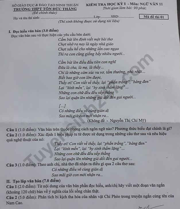 Đề thi kì 1 môn Văn lớp 11 THPT Tôn Đức Thắng 2019