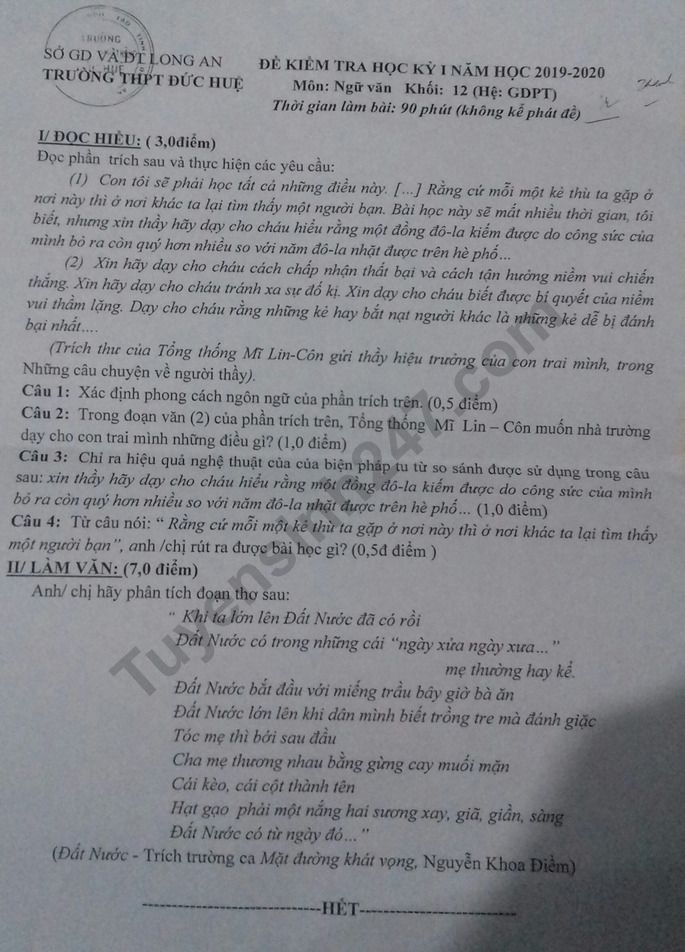 Đề thi kì 1 môn Văn lớp 12 THPT Đức Huệ 2019 - 2020