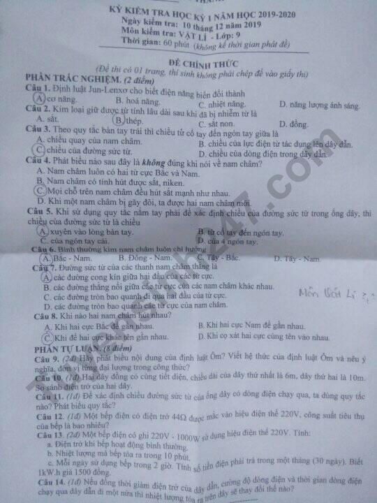 Đề thi kì 1 môn Lý lớp 9 Phòng GD Châu Thành 2019 - 2020