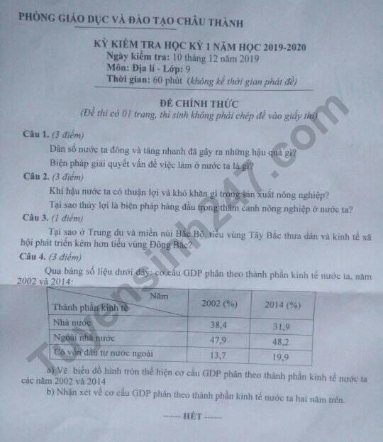 Đề thi kì 1 môn Địa lớp 9 Phòng GD Châu Thành 2019 - 2020