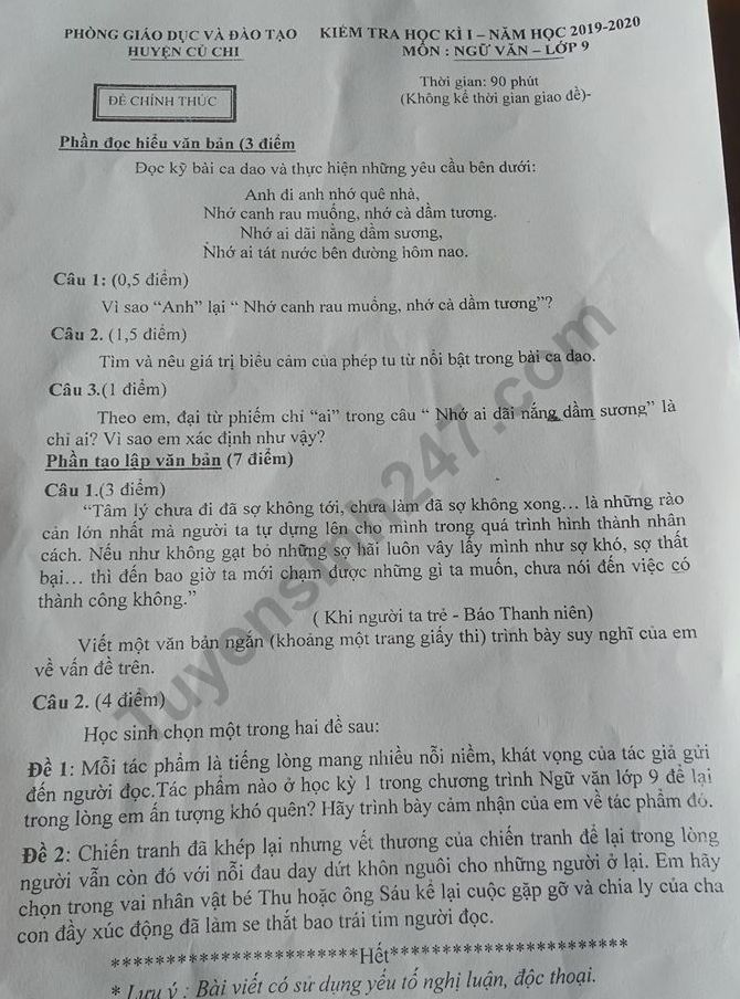 Đề thi kì 1 môn Văn lớp 9 năm 2019 Phòng GD Củ Chi