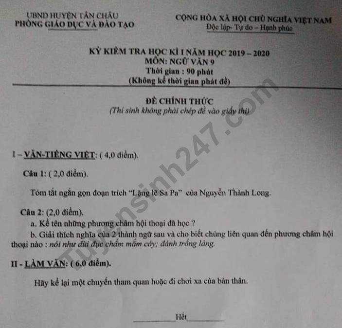 Đề kiểm tra kì 1 lớp 9 môn Văn 2019 - 2020 Phòng GD Tân Châu