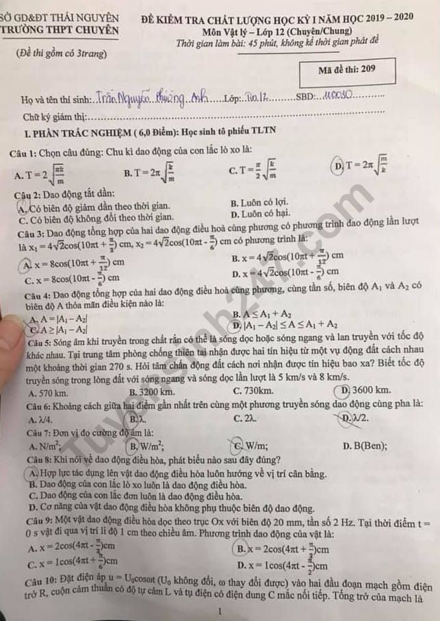 Đề thi kì 1 môn Lý 12 năm 2019-2020 THPT Chuyên Thái Nguyên 