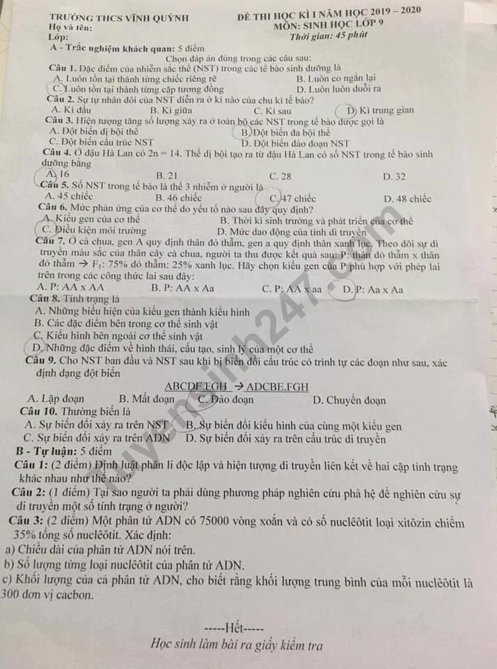 Đề thi môn Sinh học kì 1 lớp 9 THCS Vĩnh Quỳnh năm 2019-2020