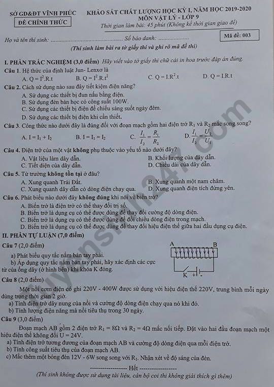 Đề thi kì 1 lớp 9 môn Lý Sở GD&ĐT Vĩnh Phúc năm 2019-2020