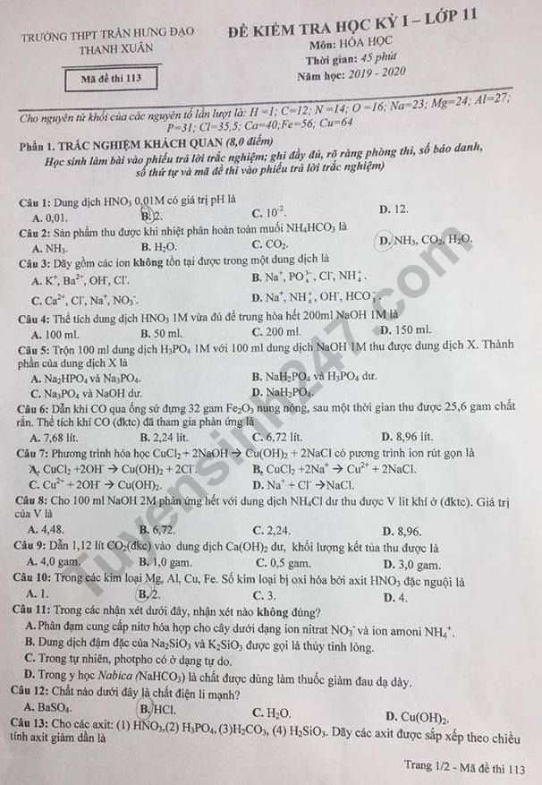 Đề thi kì 1 lớp 11 môn Hóa năm 2019-2020 THPT Trần Hưng Đạo 