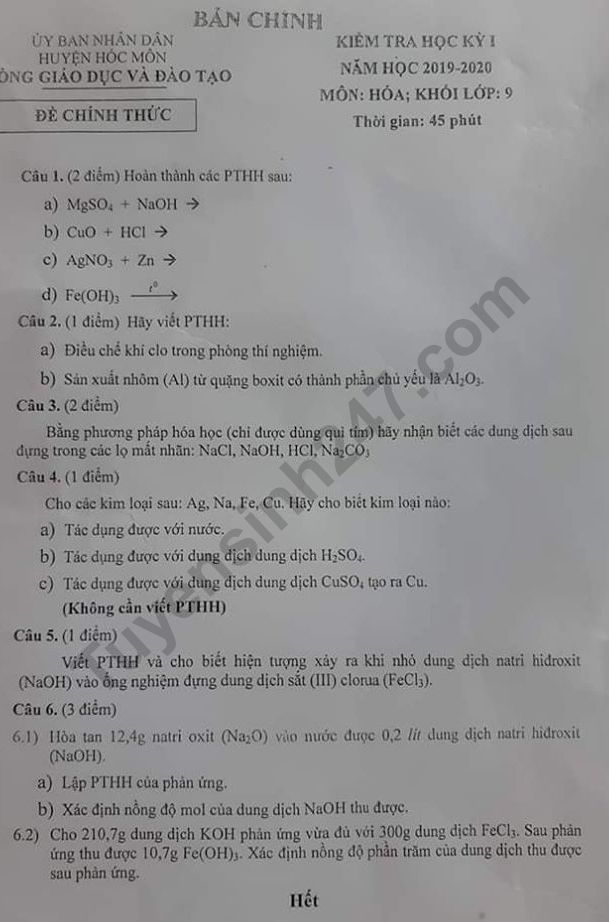 Đề thi học kì 1 lớp 9  môn Hóa học Phòng GD&ĐT Hóc Môn 2019-2020