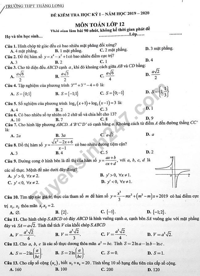 Đề thi kì 1 môn Toán lớp 12 THPT Thăng Long 2019 - 2020