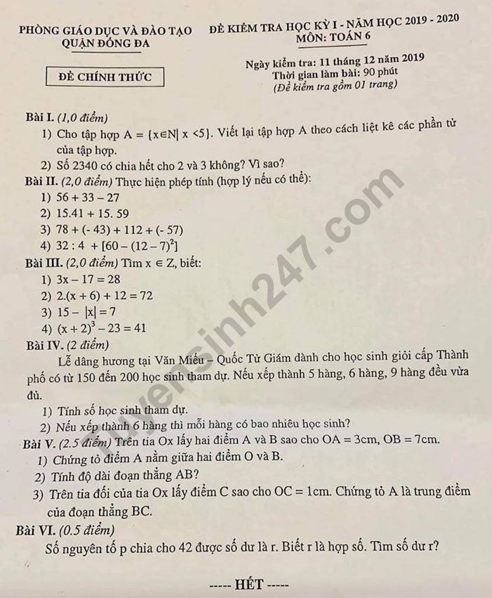 Đề thi kì 1 môn Toán lớp 6 Quận Đống Đa 2019 - 2020